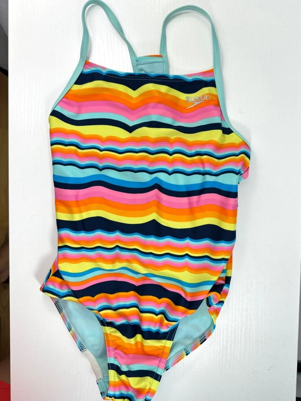 Speedo Girls Thin Strap One Piece Swimsuit M rainbow wavy stripe design